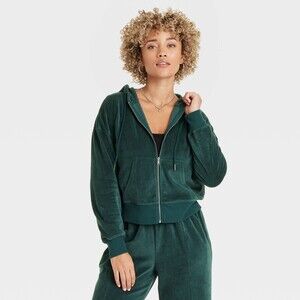 Leisure Studio Velour Hoodie Sweatshirt - Dark Green L